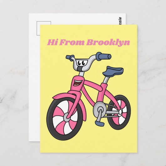 かわいいピンクの子供たち自転車の漫画イラストレーション ポストカード (正面/裏面)