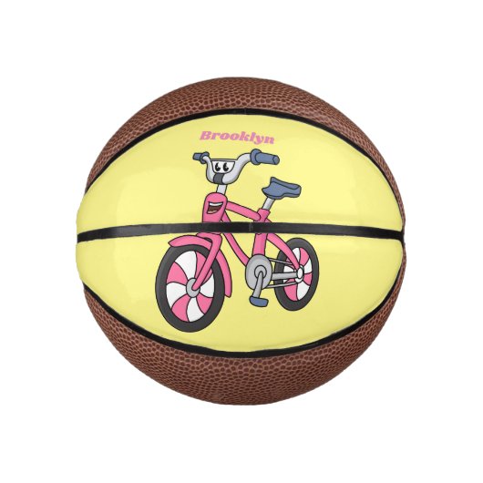 かわいいピンクの子供たち自転車の漫画イラストレーション ミニバスケットボール (正面)
