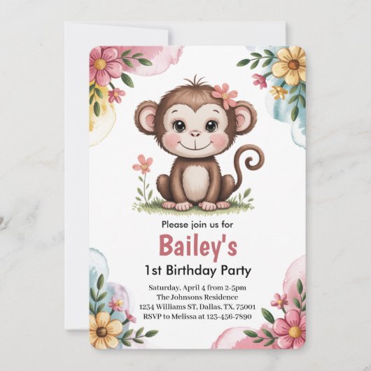 かわいいピンクの子供用モンキーの1歳の誕生日パーティー 招待状 (正面)