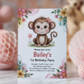 かわいいピンクの子供用モンキーの1歳の誕生日パーティー 招待状