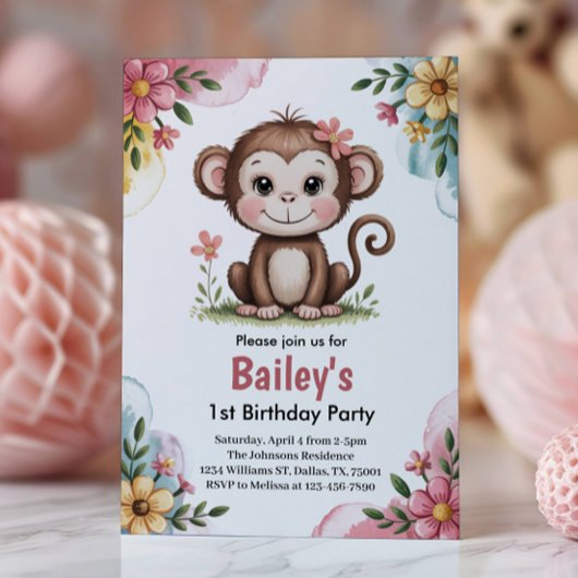 かわいいピンクの子供用モンキーの1歳の誕生日パーティー 招待状