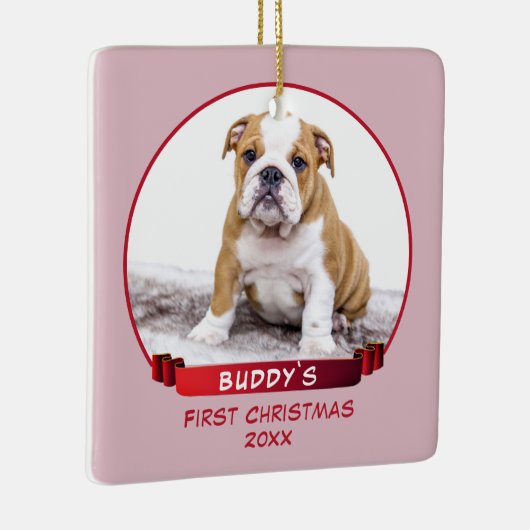 かわいいピンクの子犬が初めてのクリスマスドッグの写真 セラミックオーナメント (右)