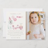 かわいいピンクの子犬の誕生日写真パーティー（あらゆる年齢に対応） サンキューカード (正面)