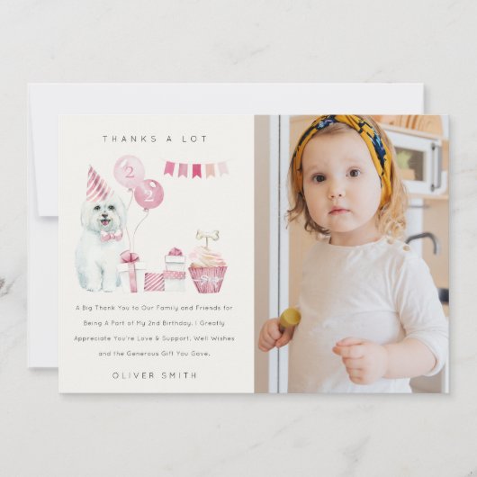 かわいいピンクの子犬の誕生日写真パーティー（あらゆる年齢） サンキューカード (正面)