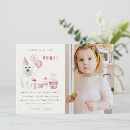 かわいいピンクの子犬の誕生日写真パーティー（あらゆる年齢） サンキューカード (スタンド正面)