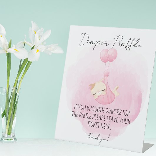 かわいいピンクの子猫おむつラッフルベビーガールシャワー 台座サイン