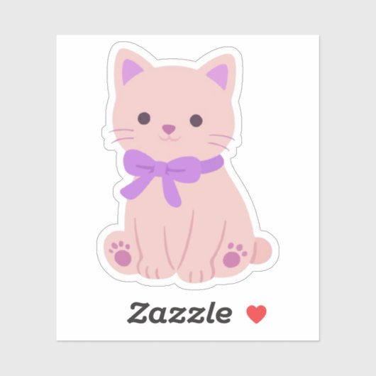 かわいいピンクの子猫と紫のリボンのステッカー シール (シート)