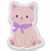 かわいいピンクの子猫と紫のリボンのステッカー シール (正面)