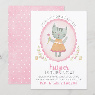 かわいいピンクの子猫の女の子の誕生日招待状 招待状