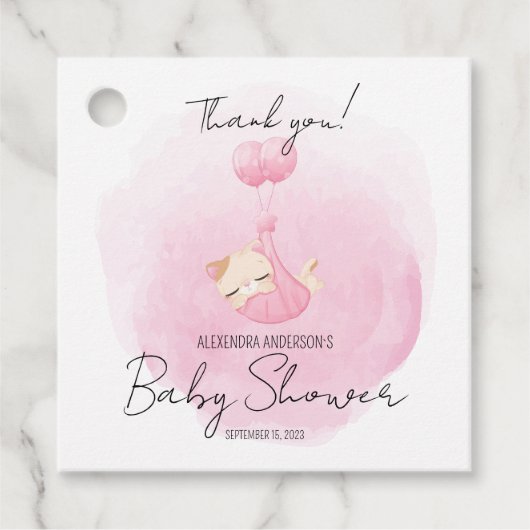 かわいいピンクの子猫の水彩赤ちゃんガールシャワー フェイバータグ (正面)