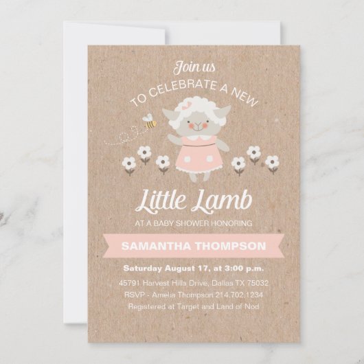 かわいいピンクの子羊の赤ちゃんガールシャワー 招待状 (正面)