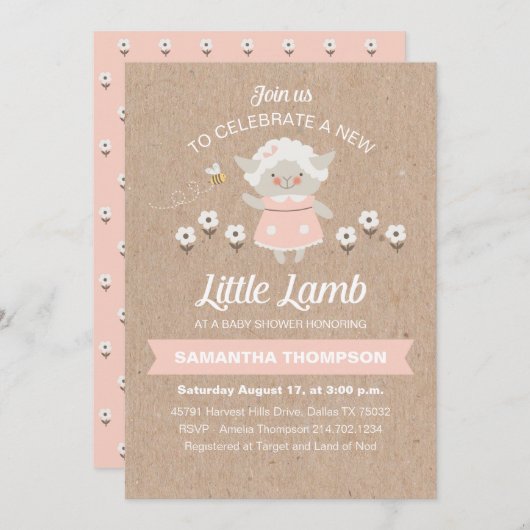 かわいいピンクの子羊の赤ちゃんガールシャワー 招待状 (正面/裏面)