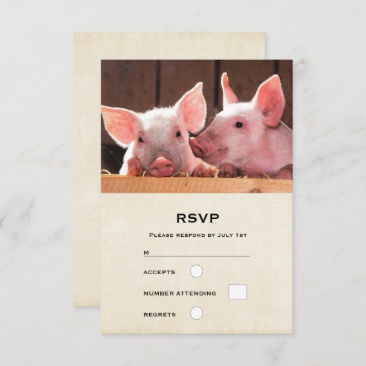 かわいいピンクの子豚の動物写真 出欠カード (正面/裏面)