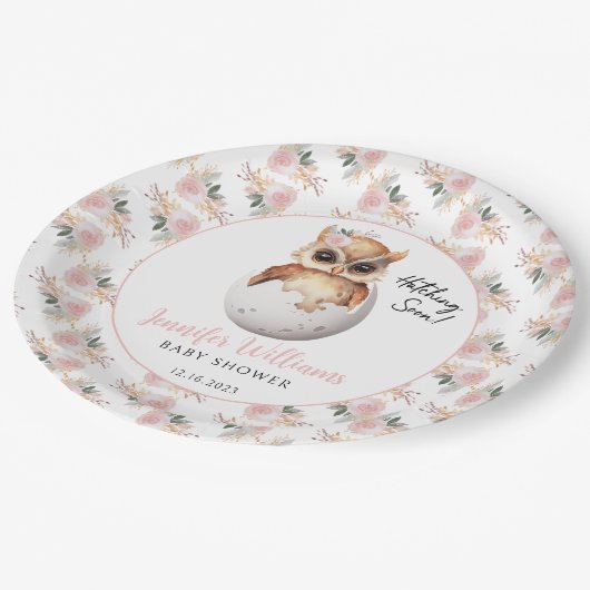 かわいいピンクの孵化フクロウ赤ちゃんシャワー紙プレート ペーパープレート (アングル)