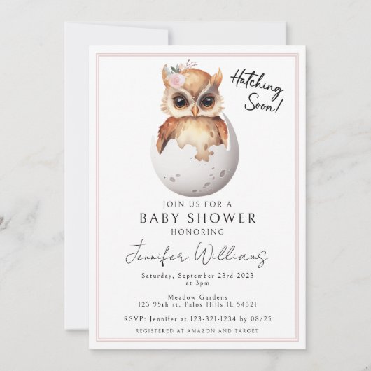 かわいいピンクの孵化フクロウ赤ちゃん女の子シャワー招待状 招待状 (正面)