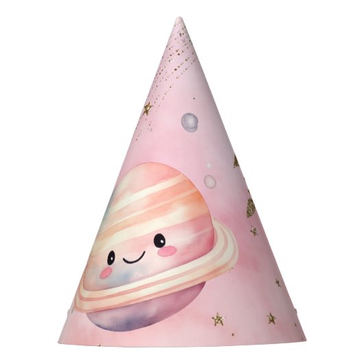 かわいいピンクの宇宙惑星ガール誕生日 パーティーハット (正面)