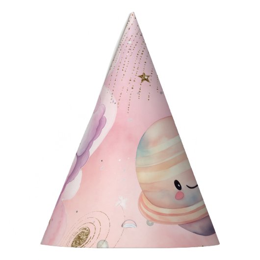 かわいいピンクの宇宙惑星ガール誕生日 パーティーハット (左)