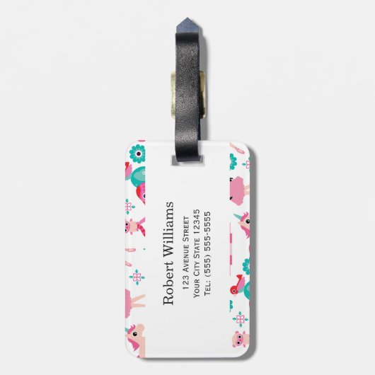 かわいいピンクの小さいプリンセスのユニコーンの魔法パターン ラゲッジタグ (裏面縦)