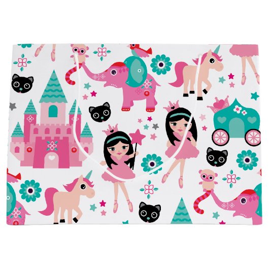 かわいいピンクの小さいプリンセスのユニコーンの魔法パターン ラージペーパーバッグ (正面)