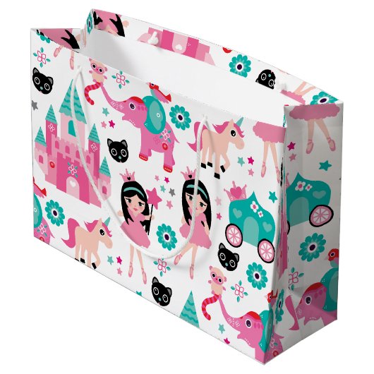 かわいいピンクの小さいプリンセスのユニコーンの魔法パターン ラージペーパーバッグ (裏面アングル)