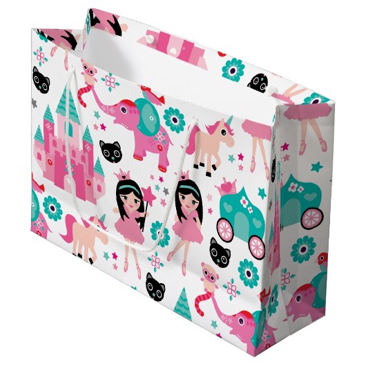かわいいピンクの小さいプリンセスのユニコーンの魔法パターン ラージペーパーバッグ (正面アングル)