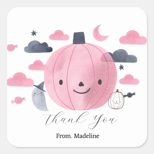 かわいいピンクの小さなかぼちゃの誕生日招待状 スクエアシール (正面)