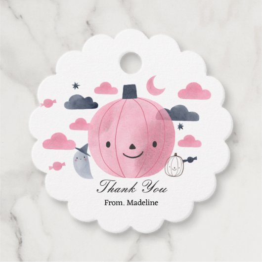 かわいいピンクの小さなかぼちゃの誕生日招待状 フェイバータグ (正面)