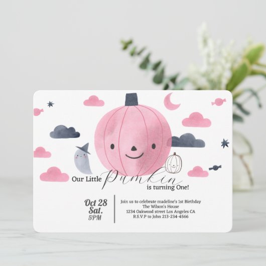 かわいいピンクの小さなかぼちゃの誕生日招待状 招待状 (スタンド正面)