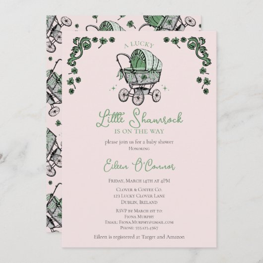 かわいいピンクの小さなシャムロックSt patricksベビーシャワー 招待状 (正面/裏面)