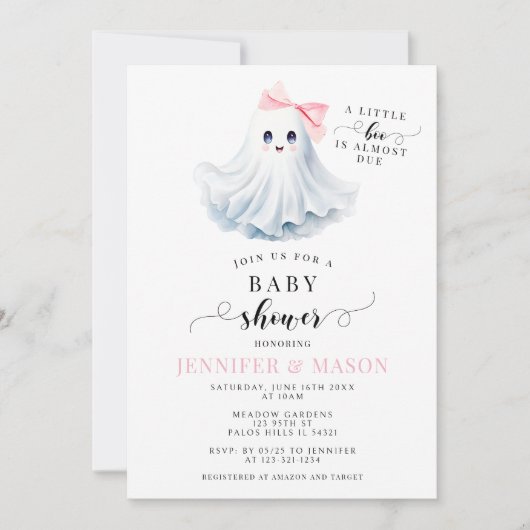 かわいいピンクの小さなブー幽霊ボウベビーガールシャワー 招待状 (正面)
