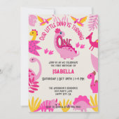 かわいいピンクの小さな恐竜の女の子1歳の誕生日 招待状 (正面)