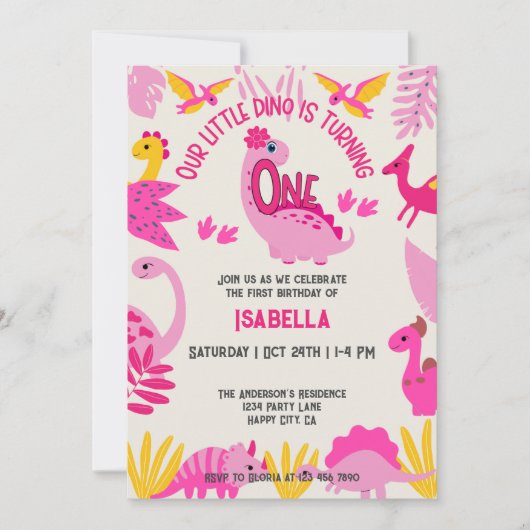 かわいいピンクの小さな恐竜の女の子1歳の誕生日 招待状 (正面)