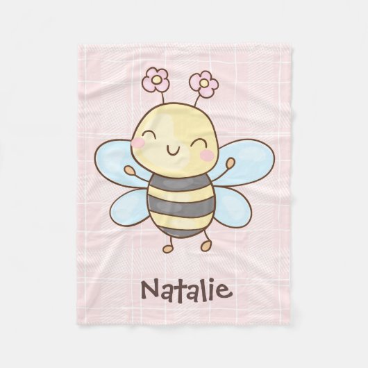 かわいいピンクの小さな蜂が幸せに飛んでいる オリジナル名入り フリースブランケット (正面)