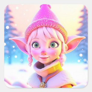 かわいいピンクの小妖精や小人お洒落クリスマス スクエアシール