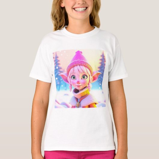 かわいいピンクの小妖精や小人お洒落クリスマス Tシャツ (正面)