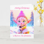 かわいいピンクの小妖精や小人お洒落パーソナライズされたクリスマス カード (黄色い花)