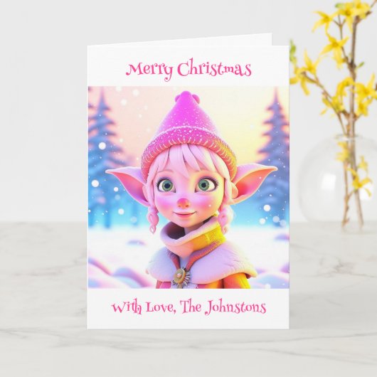かわいいピンクの小妖精や小人お洒落パーソナライズされたクリスマス カード (黄色い花)