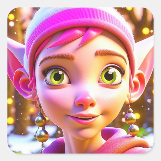 かわいいピンクの小妖精や小人お洒落パーソナライズされたクリスマス スクエアシール (正面)