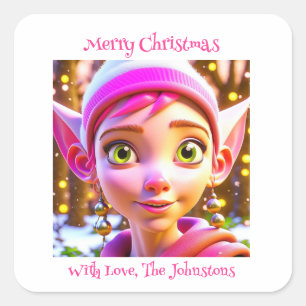 かわいいピンクの小妖精や小人お洒落パーソナライズされたクリスマス スクエアシール