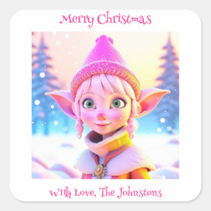 かわいいピンクの小妖精や小人お洒落パーソナライズされたクリスマス スクエアシール