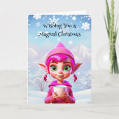かわいいピンクの小妖精や小人とコーヒーまたはココアクリスマス カード (正面)