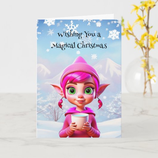 かわいいピンクの小妖精や小人とコーヒーまたはココアクリスマス カード (黄色い花)