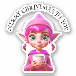 かわいいピンクの小妖精や小人とコーヒーまたはココアクリスマス シール