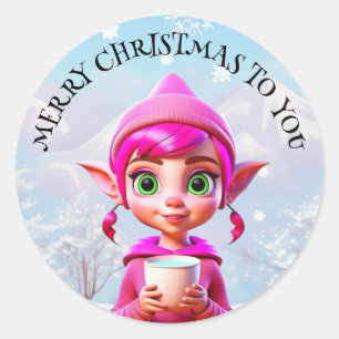 かわいいピンクの小妖精や小人とコーヒーまたはココアクリスマス ラウンドシール