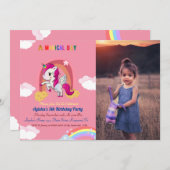 かわいいピンクの少女ユニコーン誕生日パーティー 招待状 (正面/裏面)