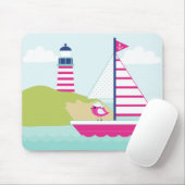 かわいいピンクの帆船と灯台 マウスパッド (マウス)