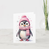 かわいいピンクの帽子とマフラーのペンギン クリスマスカード(無地) カード (正面)