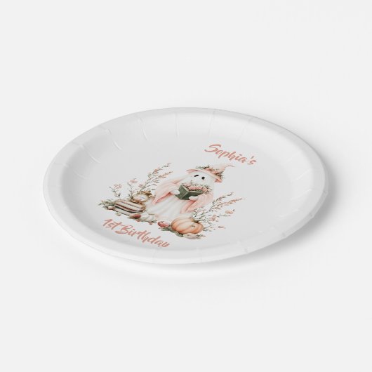 かわいいピンクの幽霊とバラとカボチャのハロウィーン ペーパープレート (アングル)