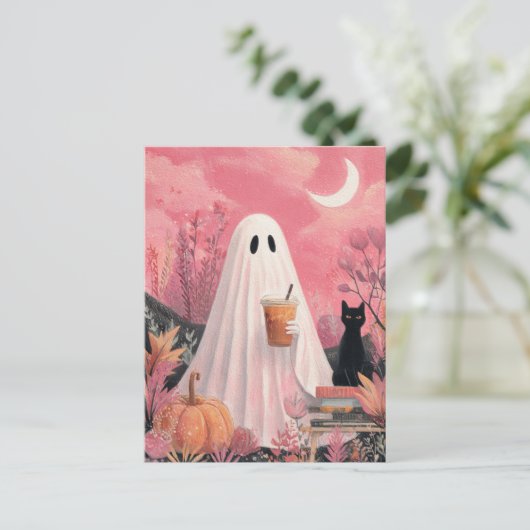 かわいいピンクの幽霊と黒猫 ポストカード (スタンド正面)