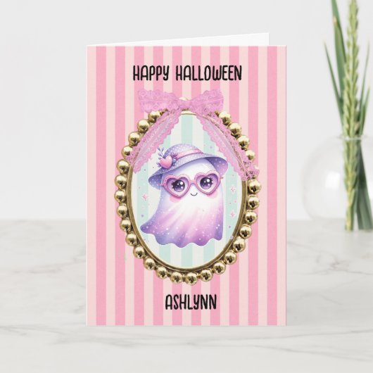 かわいいピンクの幽霊ハロウィン カード (正面)